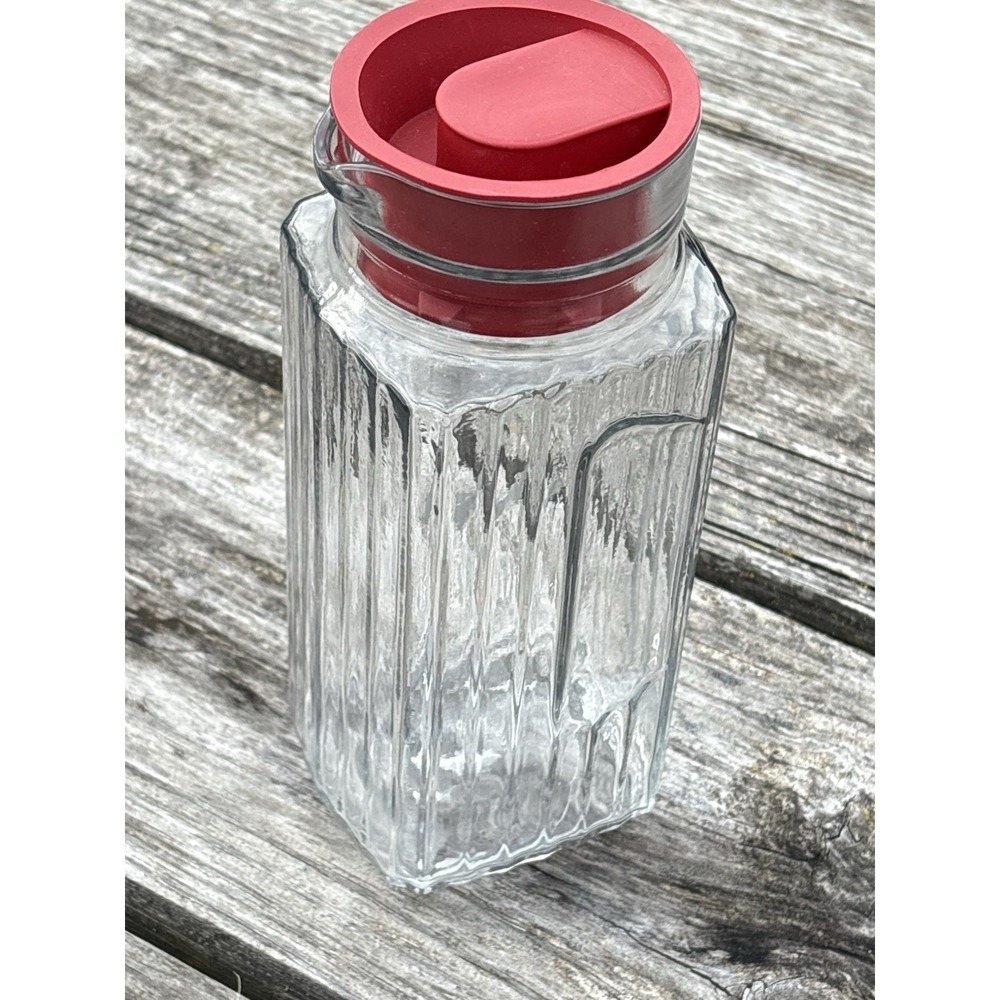 Anchor Hocking Ribbed 9" Glass Refrigerator Jug Pitcher 1 QT RedTop USA